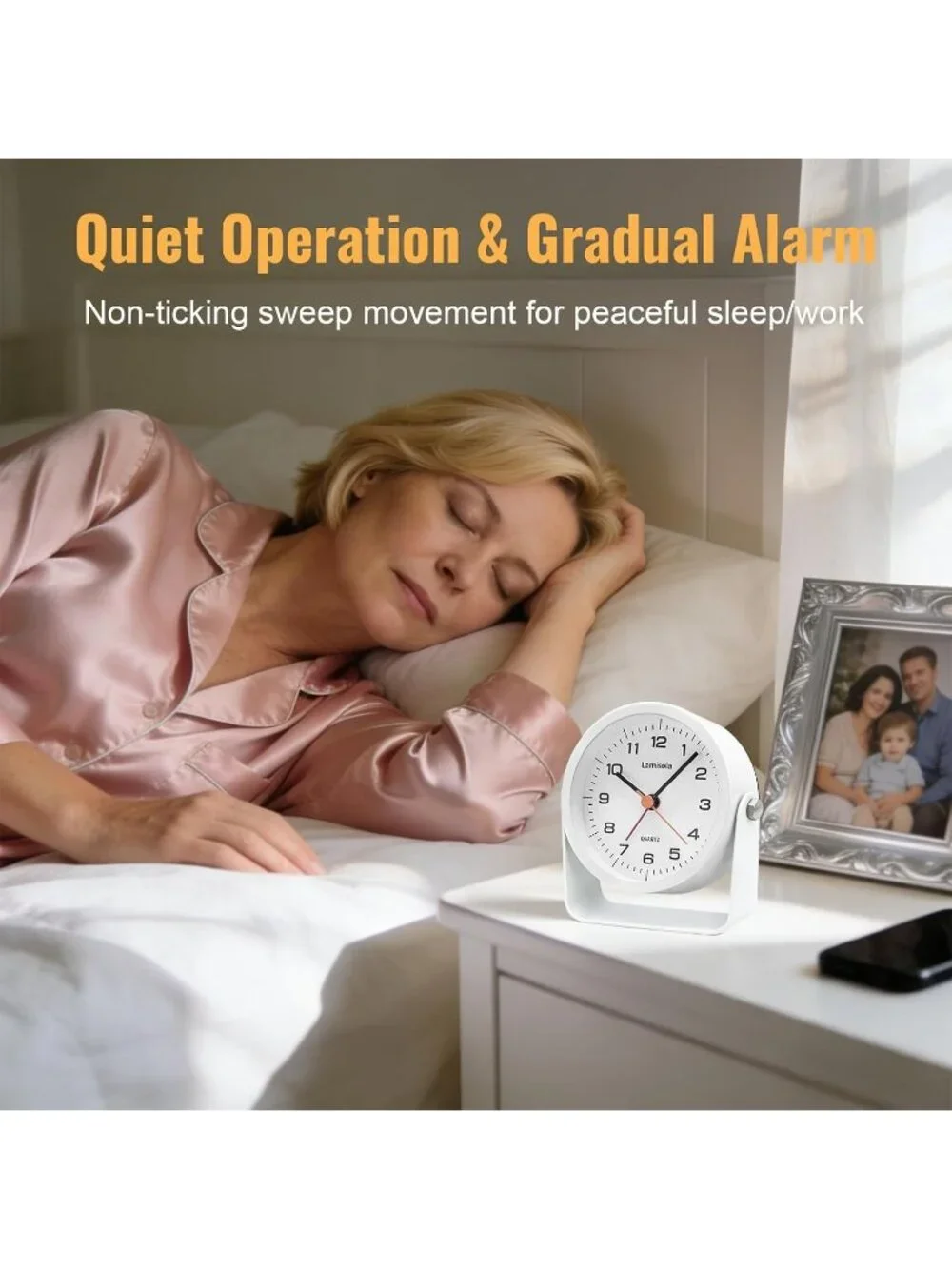 Home White Analog Quartz Battery Vintage Operated Silent Small Desk Alarm Clock